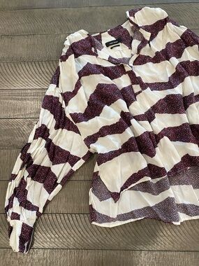 Isabel Marant - Patterned Pleated Long Sleeve Top - White & Purple Size 40